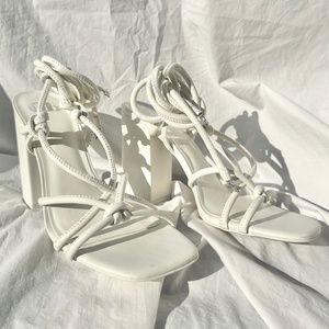 White Knotted Strappy Ankle Block Heel w Star Charm